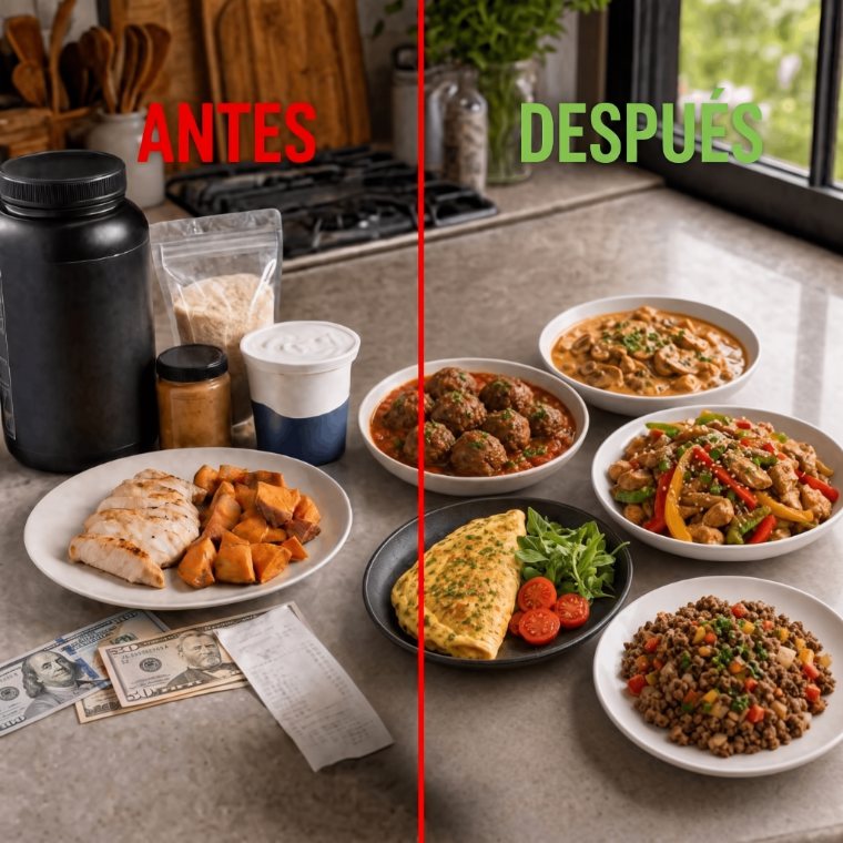 Antes: proteína en polvo cara, pollo con camote y dinero sobre el mostrador. Después: platos proteicos baratos y variados.